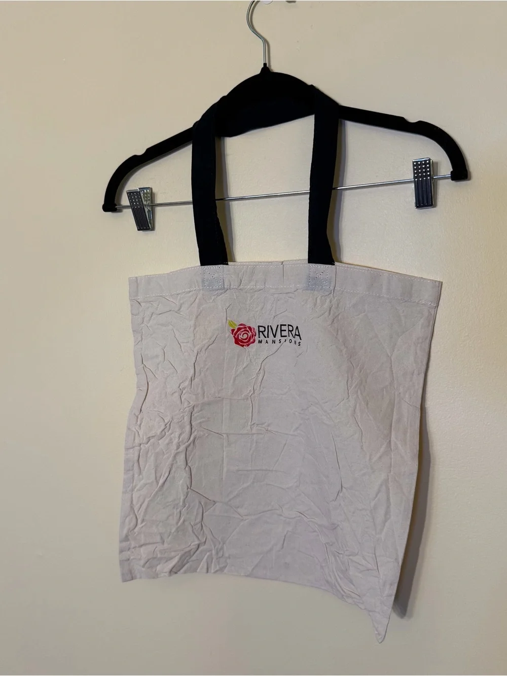 Riviera Natural Canvas Tote with Black Handles and Red Rose Logo